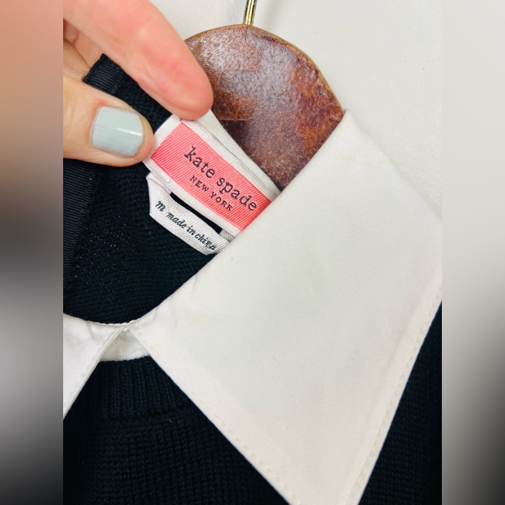 Kate Spade Black Wool Knit Top – White Mock Collar Preppy Sweater – Classic - M - Picture 5 of 10